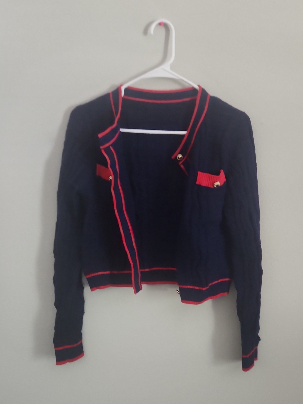 SHEIN Navy Cardigan with Red Trim and Gold Buttons